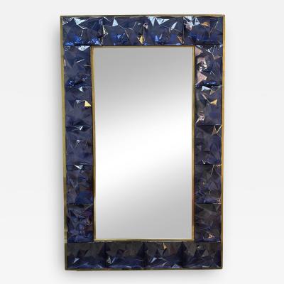 Contemporary Brass Mirror Blue Murano Glass Italy