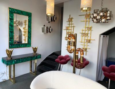 Contemporary Brass Mirror Console Set Murano Glass Italy