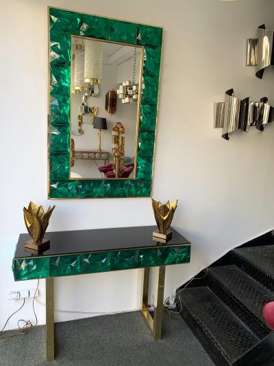 Contemporary Brass Mirror Console Set Murano Glass Italy