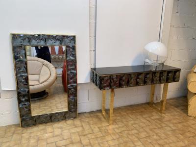 Contemporary Brass Mirror Gray Murano Glass Italy