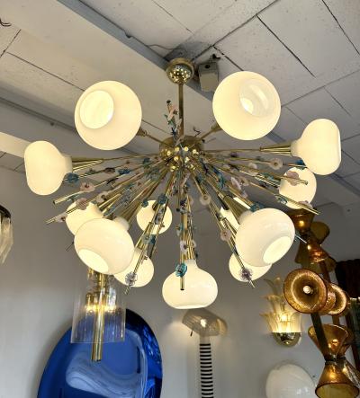 Contemporary Brass Sputnik Chandelier Flowers Murano Glass White Cup Italy