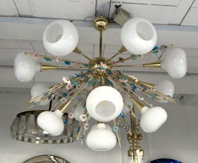 Contemporary Brass Sputnik Chandelier Flowers Murano Glass White Cup Italy