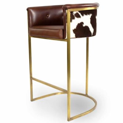 Contemporary Brown Leather and Cow Hide Bar Stools