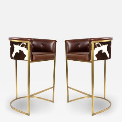 Contemporary Brown Leather and Cow Hide Bar Stools