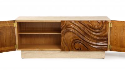 Contemporary Brutalist Carved Oak and Travertine Sideboard