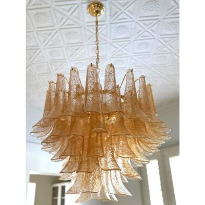 Contemporary Clear Gold Petali Selle Murano Glass Chandelier Mazzega Style