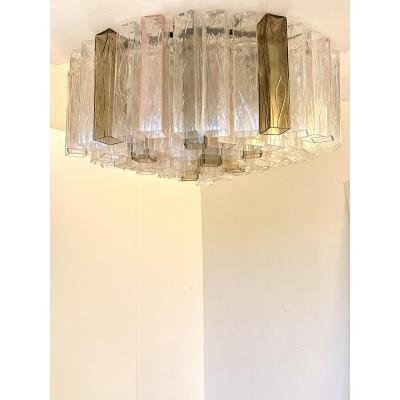 Contemporary Clear Pink and Fum Squares Murano Glass Flush Mount