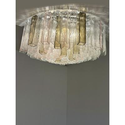 Contemporary Clear Pink and Fum Squares Murano Glass Flush Mount
