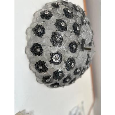 Contemporary Clear and Black Flowers Murano Glass Flush Mount