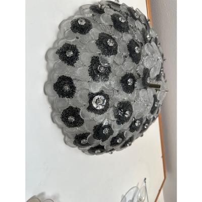 Contemporary Clear and Black Flowers Murano Glass Flush Mount