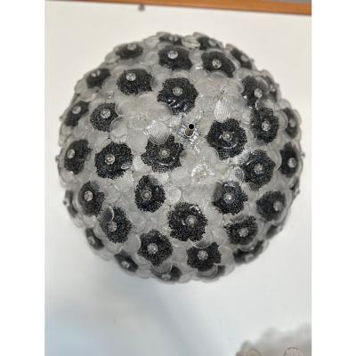 Contemporary Clear and Black Flowers Murano Glass Flush Mount