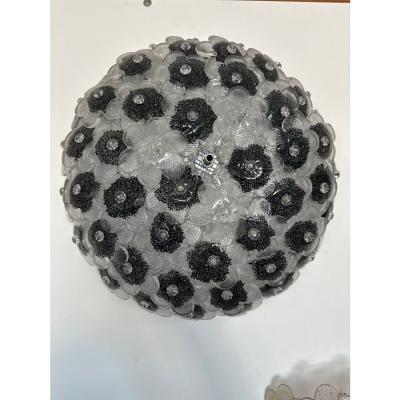 Contemporary Clear and Black Flowers Murano Glass Flush Mount