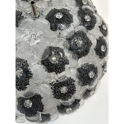 Contemporary Clear and Black Flowers Murano Glass Flush Mount