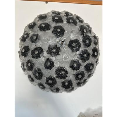 Contemporary Clear and Black Flowers Murano Glass Flush Mount