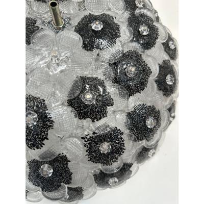 Contemporary Clear and Black Flowers Murano Glass Flush Mount