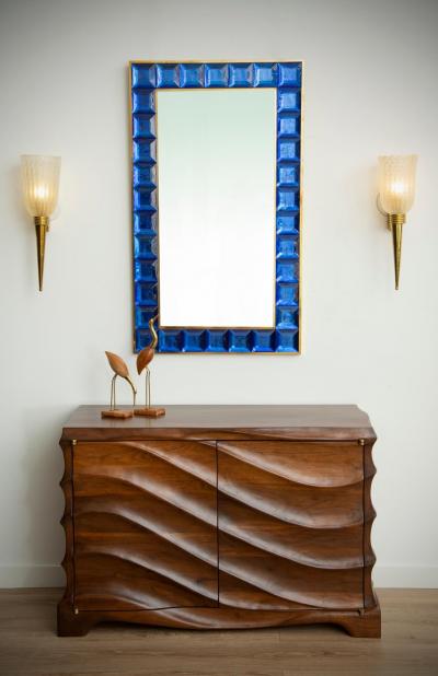 Contemporary Cobalt Blue Diamond Murano Glass Mirror In Stock