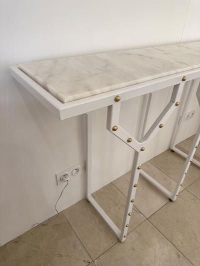 Contemporary Console Table Y White Lacquered Metal Brass and Marble Italy
