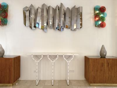 Contemporary Console Table Y White Lacquered Metal Brass and Marble Italy