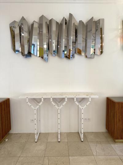 Contemporary Console Table Y White Lacquered Metal Brass and Marble Italy