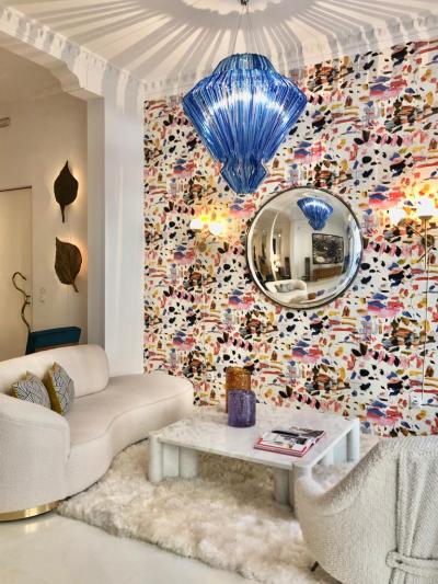 Contemporary Curved White Linen And Brass Italian Sofa