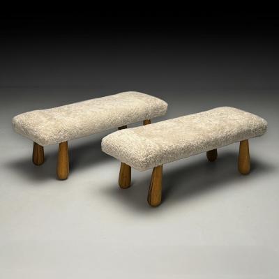 Contemporary Danish Mid Century Modern Style Small Benches Shearling Maple
