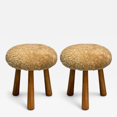 Contemporary Danish Modern Style Honey Sheepskin Maple Footstools 21st C 