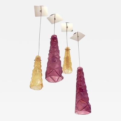 Contemporary Four Italian Diamond Cut Purple and Yellow Murano Glass Pendants
