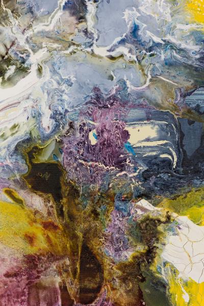 Contemporary Gray Purple and Yellow Abstract Oil Painting on Stretched Canvas