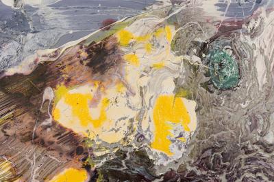 Contemporary Gray Red and Yellow Abstract Oil Painting on Stretched Canvas