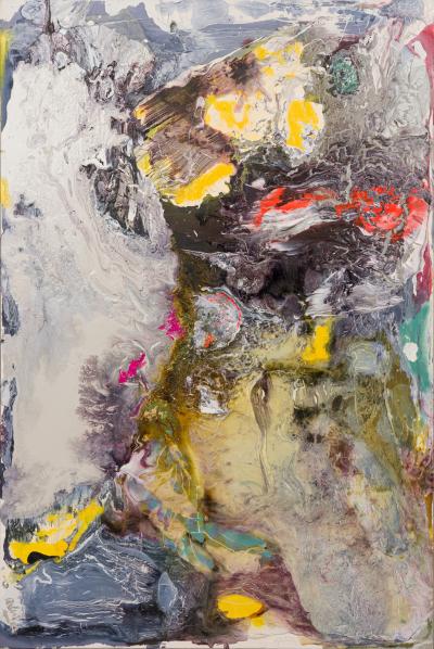 Contemporary Gray Red and Yellow Abstract Oil Painting on Stretched Canvas