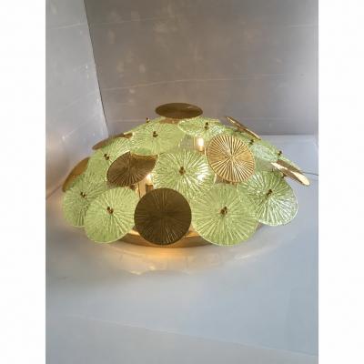 Contemporary Green Water Lily Brass and Murano Glass Sputnik Flush Mount