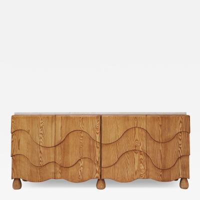 Contemporary Handcrafted Oak Solid Wood And Travertine Italian Sideboard