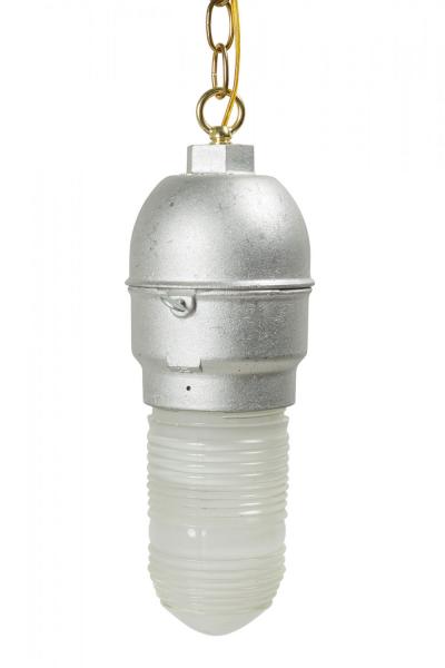Contemporary Hanging Industrial Silver Metal and Glass Light Fixture