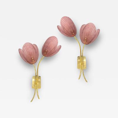 Contemporary Italian 2 Branch Pink Murano Glass Tulip Flower Gold Brass Sconces