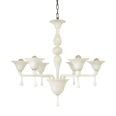 Contemporary Italian 6 Arms White Murano Glass Chandelier