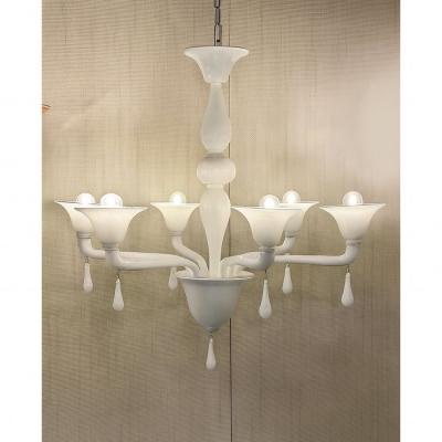 Contemporary Italian 6 Arms White Murano Glass Chandelier