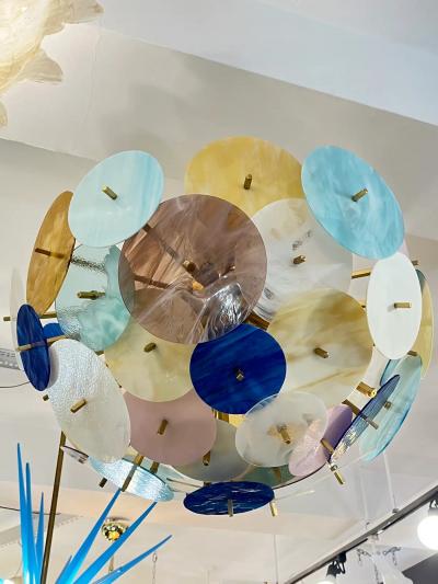 Contemporary Italian Amber White Aqua Vivid Blue Murano Glass Sputnik Flushmount