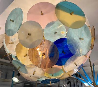 Contemporary Italian Amber White Aqua Vivid Blue Murano Glass Sputnik Flushmount