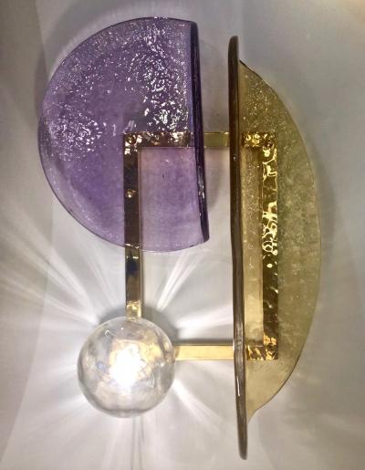 Contemporary Italian Amethyst Amber Murano Glass Post Modern Gold Brass Sconce