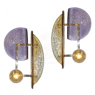 Contemporary Italian Amethyst Amber Murano Glass Post Modern Gold Brass Sconce