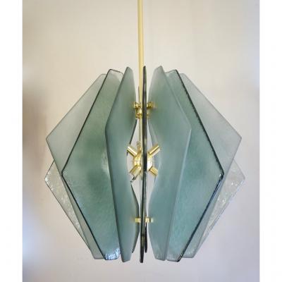 Contemporary Italian Aqua Blue Green Textured Murano Glass Pendant Chandelier