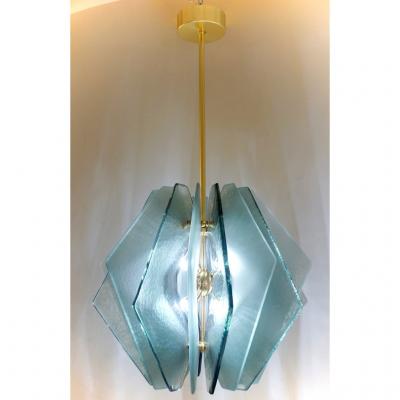 Contemporary Italian Aqua Blue Green Textured Murano Glass Pendant Chandelier