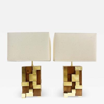 Contemporary Italian Architectural Pair of Stepped Wood and Brass Urban Lamps