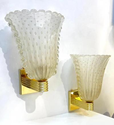 Contemporary Italian Art Deco Design Gold Leaf Frosted Murano Glass Bowl Sconces
