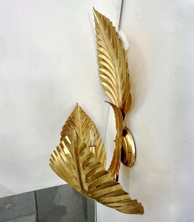 Contemporary Italian Art Deco Design Pair of Hand Made Gold Metal 3 Leaf Sconces