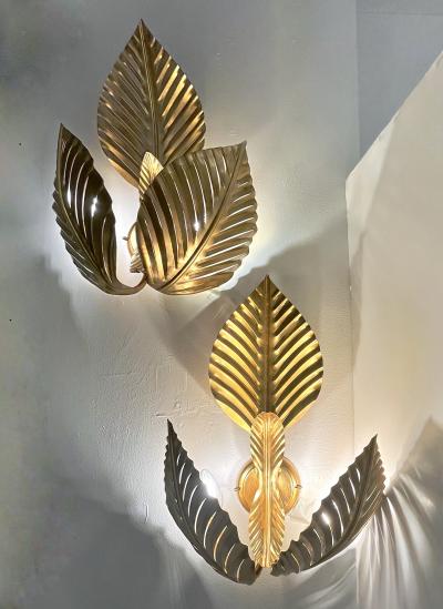 Contemporary Italian Art Deco Design Pair of Hand Made Gold Metal 3 Leaf Sconces