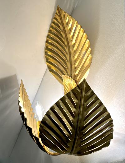 Contemporary Italian Art Deco Design Pair of Hand Made Gold Metal 3 Leaf Sconces
