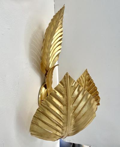 Contemporary Italian Art Deco Design Pair of Hand Made Gold Metal 3 Leaf Sconces