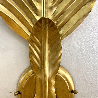 Contemporary Italian Art Deco Design Pair of Hand Made Gold Metal 3 Leaf Sconces