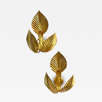 Contemporary Italian Art Deco Design Pair of Hand Made Gold Metal 3 Leaf Sconces